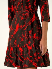 Roman Red Abstract Print Tie Waist Shirt Dress - Image 5 of 5