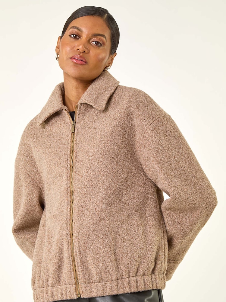 Roman Brown Boucle Bomber Jacket - Image 1 of 5 Roman Brown Boucle Bomber Jacket - Image 1 of 5