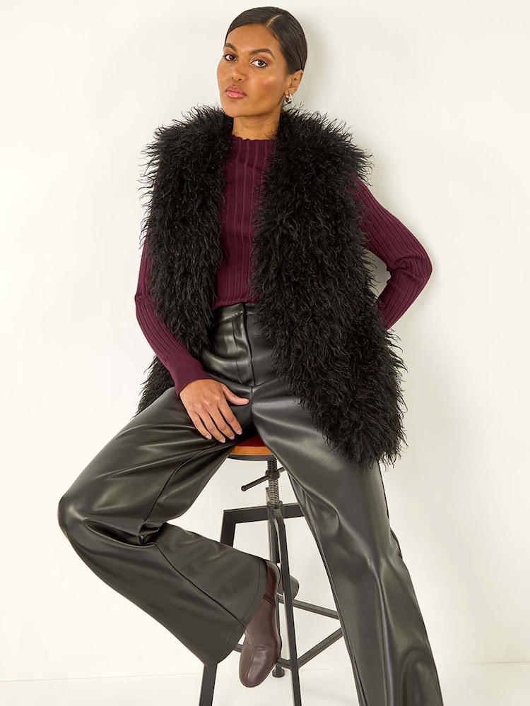 Roman Black Longline Faux Fur Gilet - Image 1 of 5
