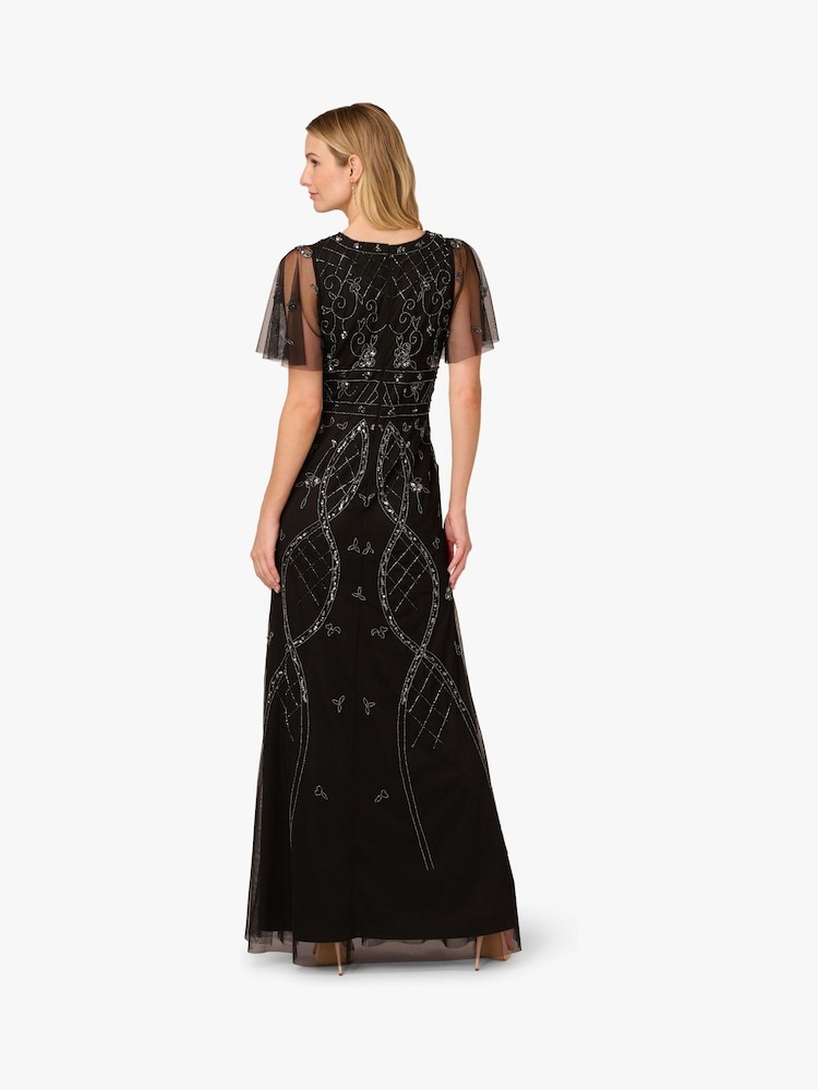 Adrianna Papell Studio Bead Flutter Sleeve Black Dress - Image 2 of 6 Adrianna Papell Studio Bead Flutter Sleeve Black Dress - Image 2 of 6