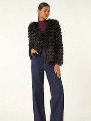 Roman Black Faux Fur Fluffy Layered Jacket - Image 3 of 5