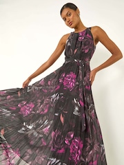 Roman Black Pleated Halter Neck Maxi Dress - Image 1 of 5