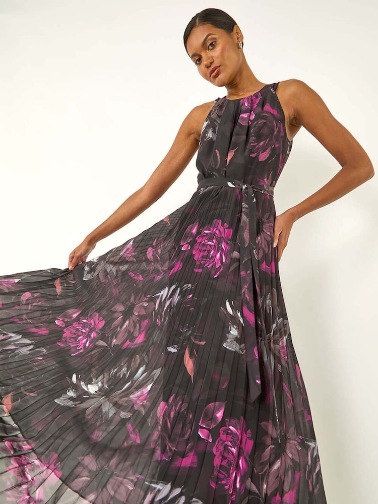 Roman Black Pleated Halter Neck Maxi Dress - Image 1 of 5