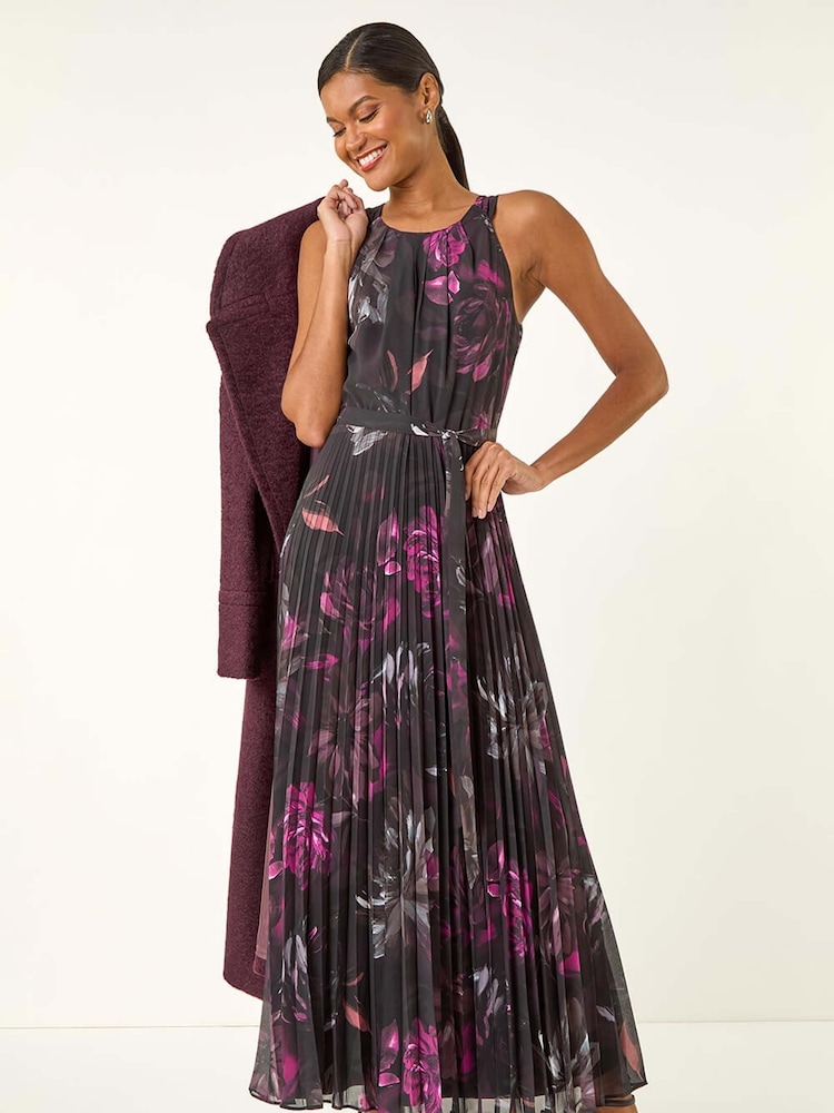 Roman Black Pleated Halter Neck Maxi Dress - Image 2 of 5