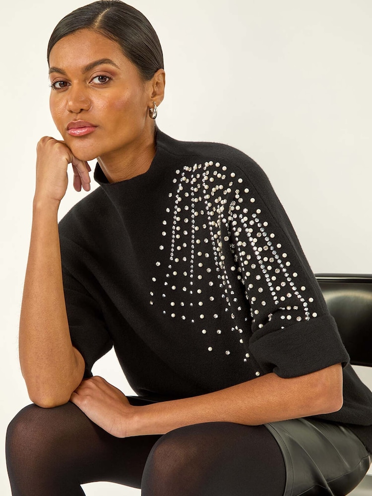 Roman Black Shimmer Shoulder Knit Jumper - Image 1 of 5 Roman Black Shimmer Shoulder Knit Jumper - Image 1 of 5