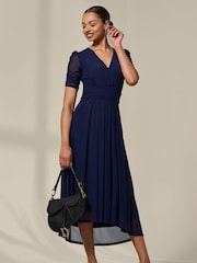 Jolie Moi Blue Petite Wrap Front Puff Midaxi Dress - Image 1 of 6