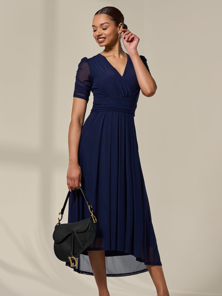 Jolie Moi Blue Petite Wrap Front Puff Midaxi Dress - Image 1 of 6 Jolie Moi Blue Petite Wrap Front Puff Midaxi Dress - Image 1 of 6