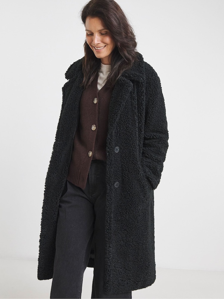 JD Williams Black Button Front Teddy Borg Coat - Image 1 of 4