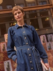JD Williams Blue Volume Sleeve Denim Midi Dress - Image 2 of 4