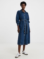 JD Williams Blue Volume Sleeve Denim Midi Dress - Image 3 of 4