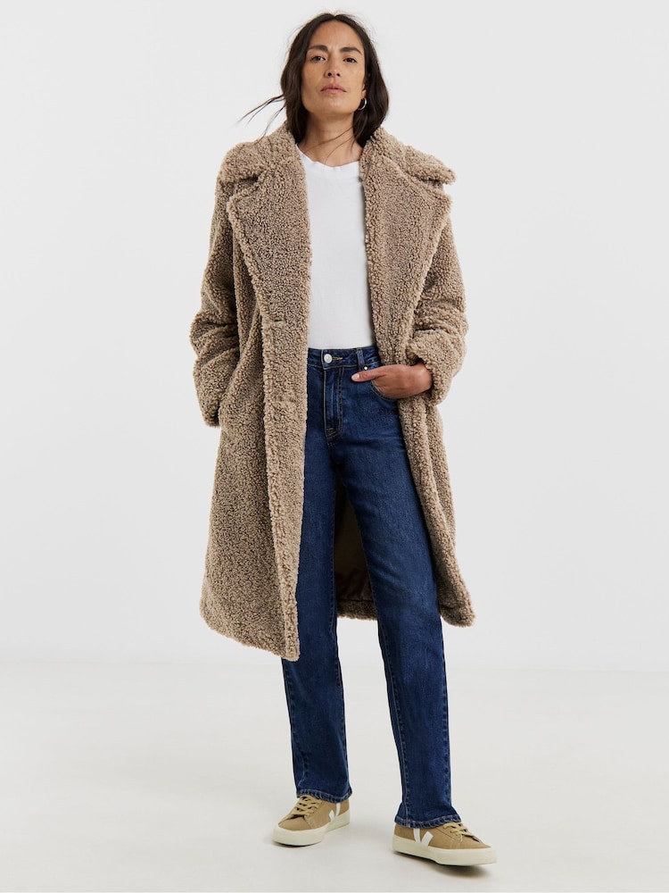 JD Williams Brown Button Front Teddy Borg Coat - Image 1 of 4