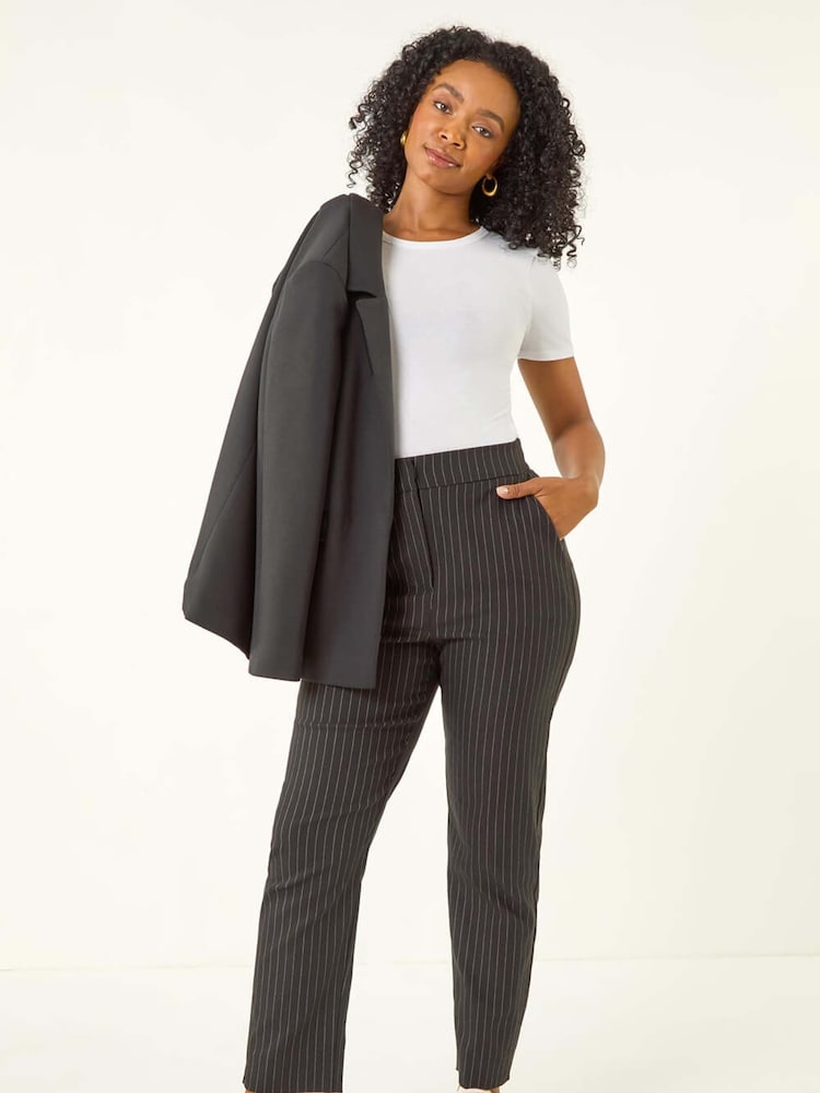Roman Black Petite Stripe Bengaline Stretch Trousers - Image 2 of 5 Roman Black Petite Stripe Bengaline Stretch Trousers - Image 2 of 5