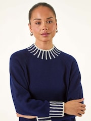 Roman Blue Petite Contrast Detail Knit Jumper - Image 2 of 5