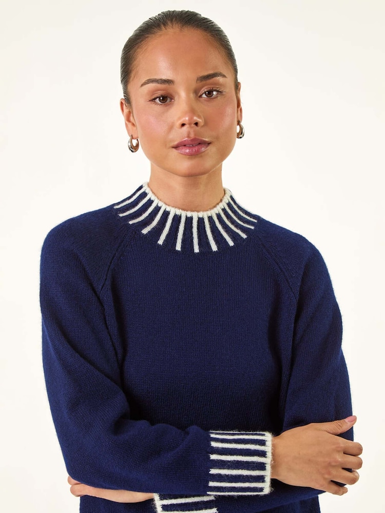 Roman Blue Petite Contrast Detail Knit Jumper - Image 2 of 5 Roman Blue Petite Contrast Detail Knit Jumper - Image 2 of 5