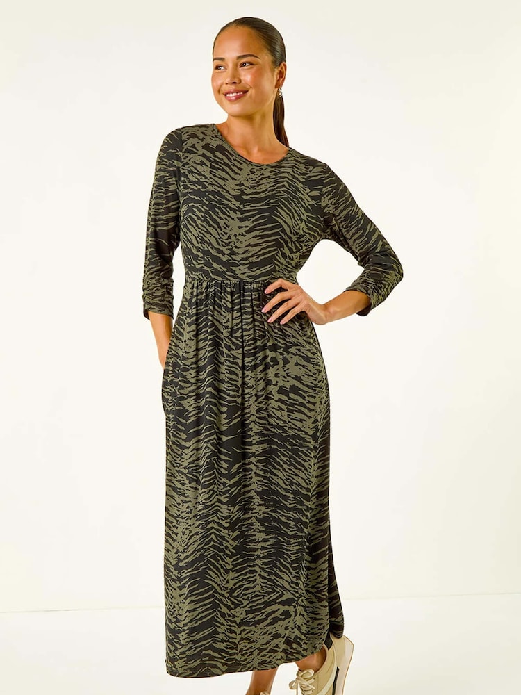 Roman Green Abstract Animal Print Pocket Dress - Image 1 of 5 Roman Green Abstract Animal Print Pocket Dress - Image 1 of 5