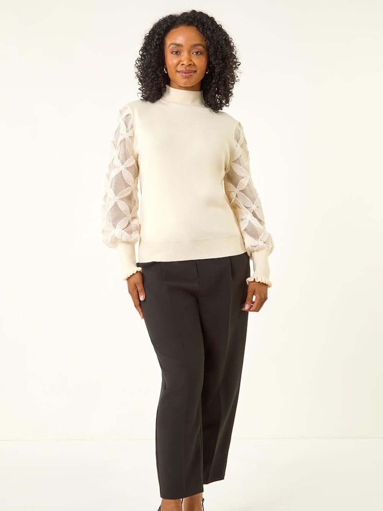 Roman Cream Petite Lace Sleeve Knit Jumper - Image 1 of 5