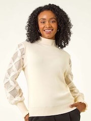 Roman Cream Petite Lace Sleeve Knit Jumper - Image 4 of 5