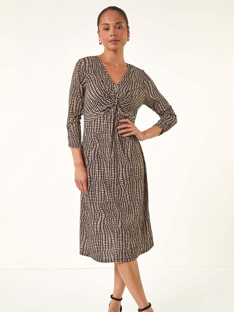 Roman Brown Petite Abstract Twist Front Dress - Image 1 of 5