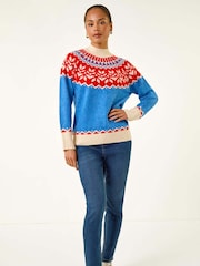 Roman Blue Petite Fairisle Pattern High Neck Knit Jumper - Image 1 of 5
