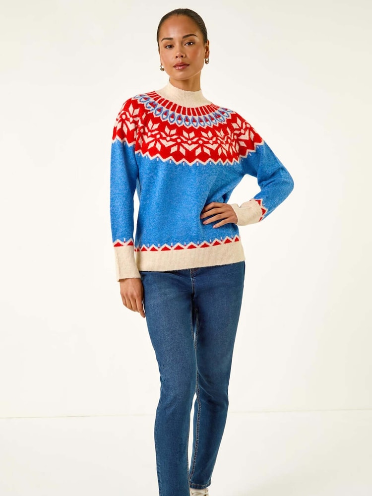 Roman Blue Petite Fairisle Pattern High Neck Knit Jumper - Image 1 of 5