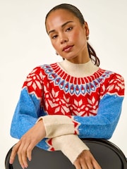 Roman Blue Petite Fairisle Pattern High Neck Knit Jumper - Image 2 of 5