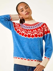Roman Blue Petite Fairisle Pattern High Neck Knit Jumper - Image 4 of 5