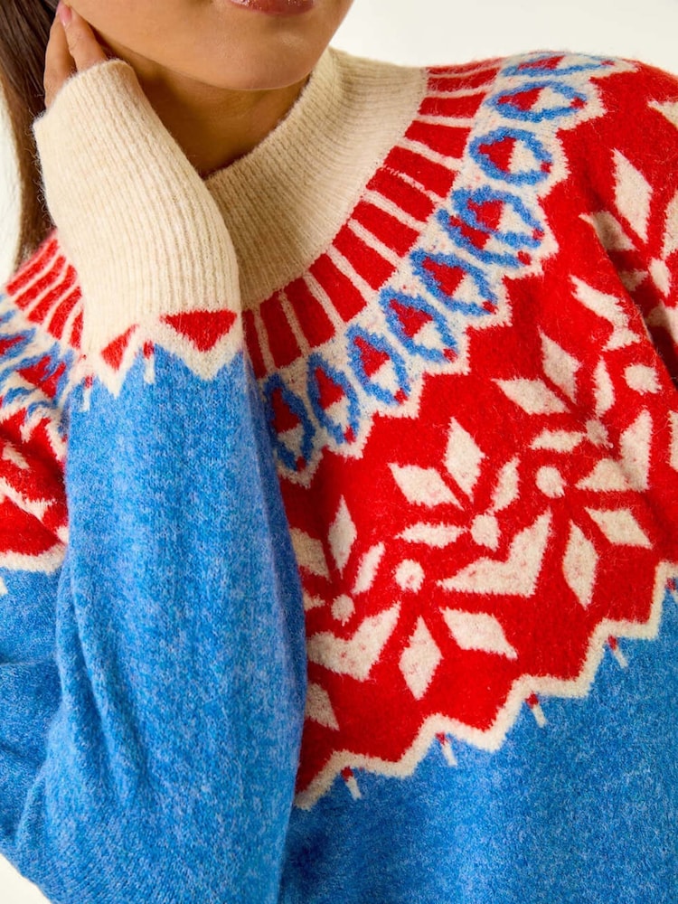 Roman Blue Petite Fairisle Pattern High Neck Knit Jumper - Image 5 of 5