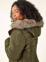 Roman Green Faux Fur Hood Longline Quilted Coat - Image 1 of 5