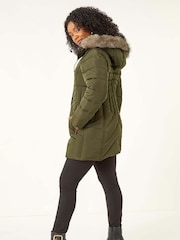 Roman Green Faux Fur Hood Longline Quilted Coat - Image 3 of 5
