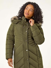 Roman Green Faux Fur Hood Longline Quilted Coat - Image 4 of 5
