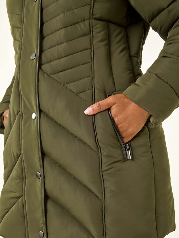 Roman Green Faux Fur Hood Longline Quilted Coat - Image 5 of 5 Roman Green Faux Fur Hood Longline Quilted Coat - Image 5 of 5
