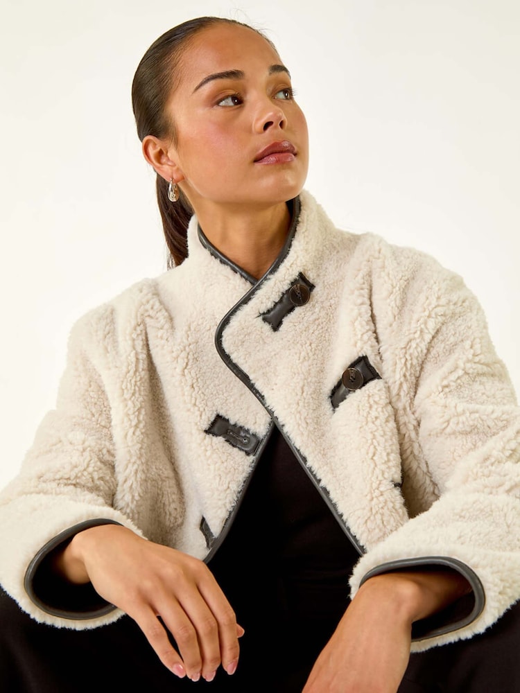 Roman Grey Petite Borg Contrast Button Coat - Image 1 of 5