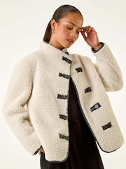 Roman Grey Petite Borg Contrast Button Coat - Image 4 of 5