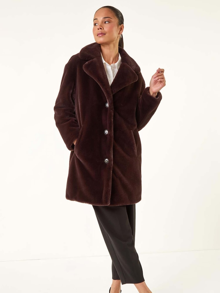 Roman Brown Petite Longline Faux Fur Coat - Image 1 of 5 Roman Brown Petite Longline Faux Fur Coat - Image 1 of 5