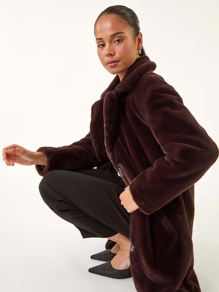 Roman Brown Petite Longline Faux Fur Coat - Image 2 of 5 Roman Brown Petite Longline Faux Fur Coat - Image 2 of 5