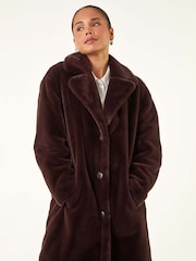 Roman Brown Petite Longline Faux Fur Coat - Image 4 of 5