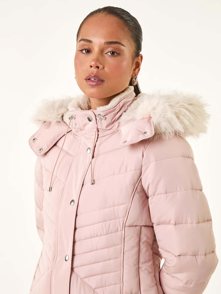 Roman Pink Faux Fur Hood Longline Quilted Coat - Image 1 of 5 Roman Pink Faux Fur Hood Longline Quilted Coat - Image 1 of 5