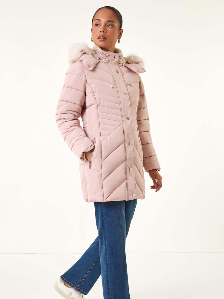 Roman Pink Faux Fur Hood Longline Quilted Coat - Image 2 of 5 Roman Pink Faux Fur Hood Longline Quilted Coat - Image 2 of 5
