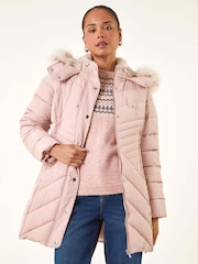 Roman Pink Faux Fur Hood Longline Quilted Coat - Image 4 of 5