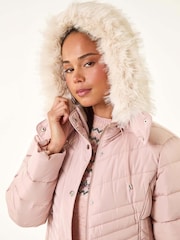 Roman Pink Faux Fur Hood Longline Quilted Coat - Image 5 of 5