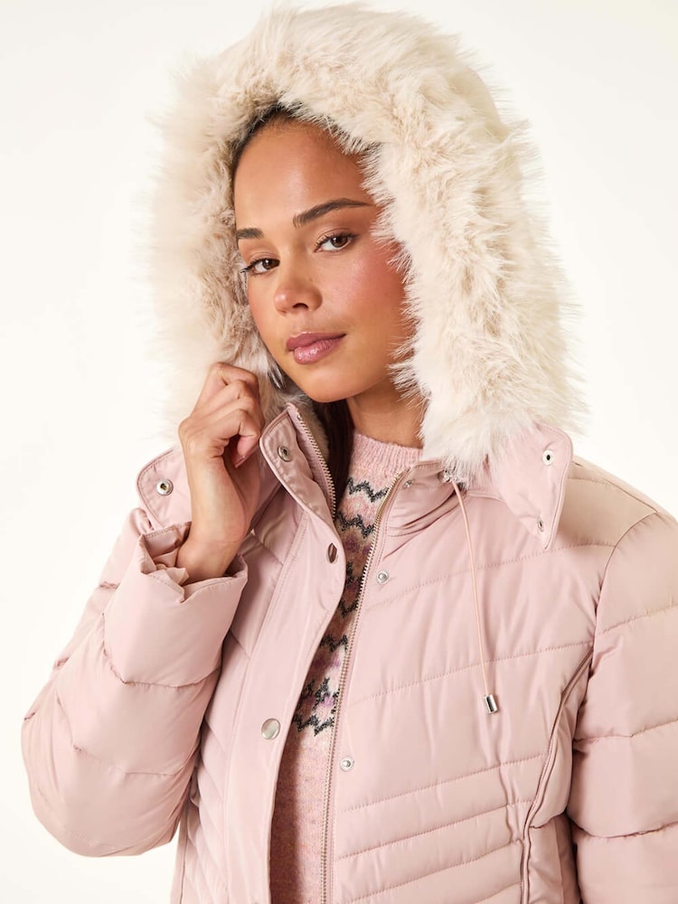 Roman Pink Faux Fur Hood Longline Quilted Coat - Image 5 of 5 Roman Pink Faux Fur Hood Longline Quilted Coat - Image 5 of 5