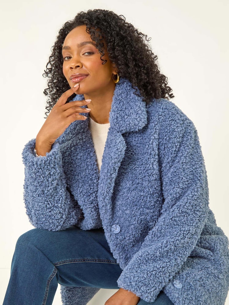 Roman Blue Petite Teddy Longline Coat - Image 1 of 5 Roman Blue Petite Teddy Longline Coat - Image 1 of 5