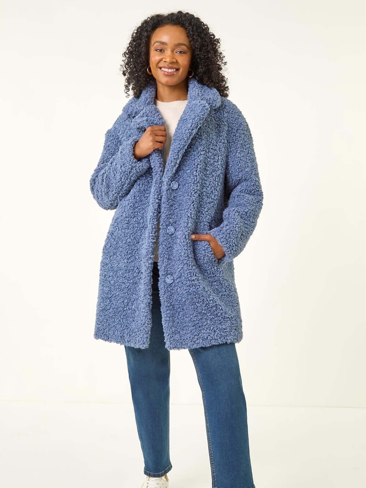 Roman Blue Petite Teddy Longline Coat - Image 2 of 5 Roman Blue Petite Teddy Longline Coat - Image 2 of 5