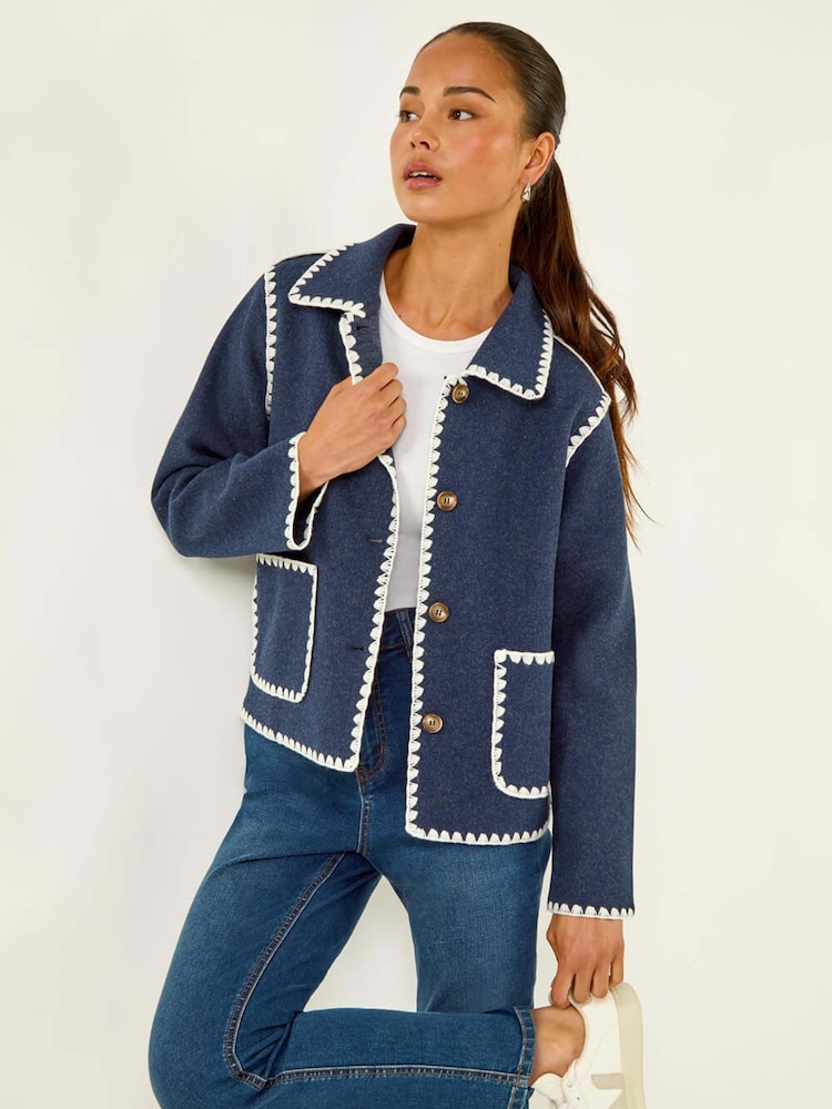 Roman Blue Petite Blanket Stitch Jacket - Image 1 of 5 Roman Blue Petite Blanket Stitch Jacket - Image 1 of 5