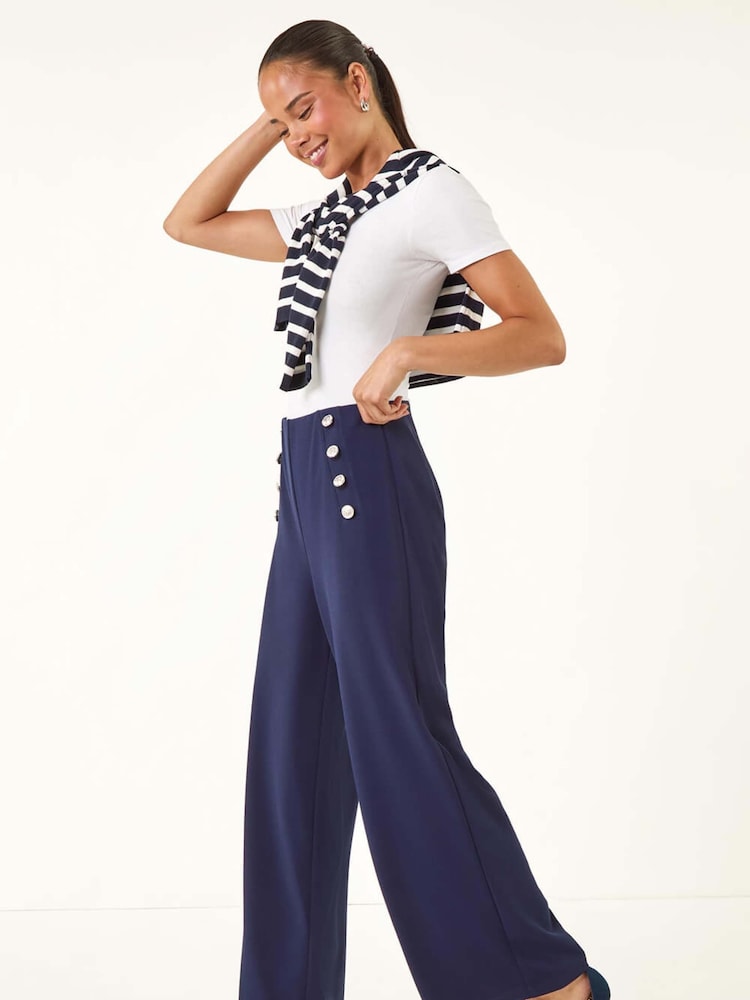 Roman Blue Petite Button Detail Wide Leg Trousers - Image 1 of 5 Roman Blue Petite Button Detail Wide Leg Trousers - Image 1 of 5