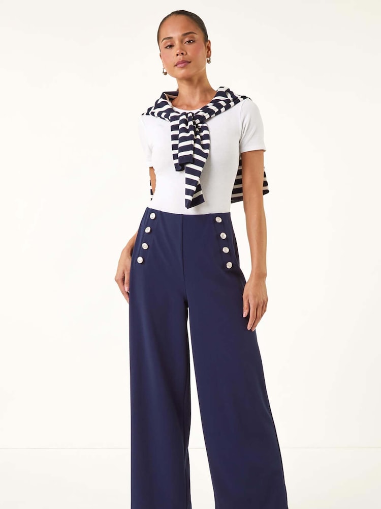 Roman Blue Petite Button Detail Wide Leg Trousers - Image 2 of 5 Roman Blue Petite Button Detail Wide Leg Trousers - Image 2 of 5
