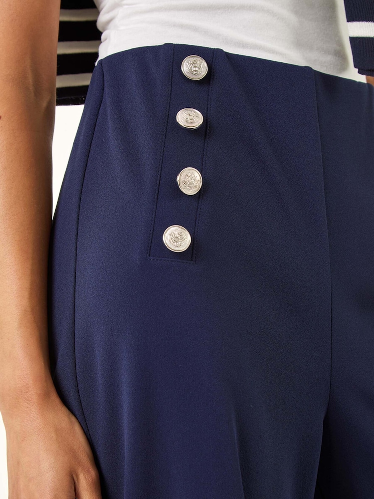 Roman Blue Petite Button Detail Wide Leg Trousers - Image 5 of 5 Roman Blue Petite Button Detail Wide Leg Trousers - Image 5 of 5