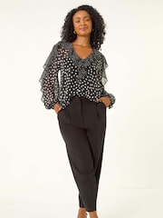 Roman Black Petite Spot Print Frill Blouse - Image 2 of 5