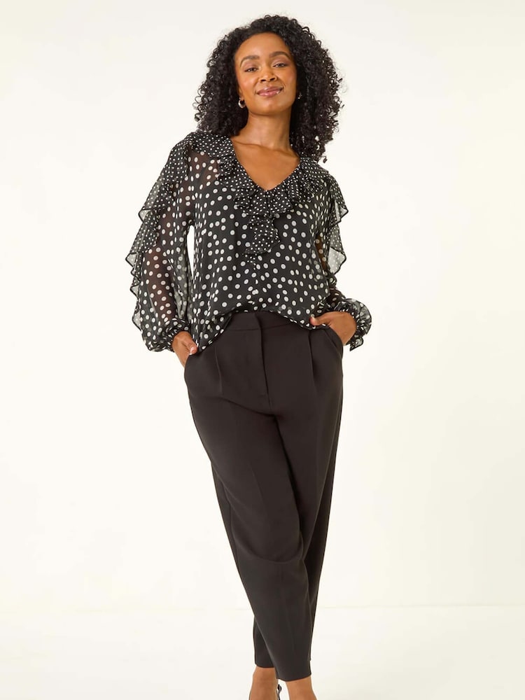 Roman Black Petite Spot Print Frill Blouse - Image 2 of 5 Roman Black Petite Spot Print Frill Blouse - Image 2 of 5