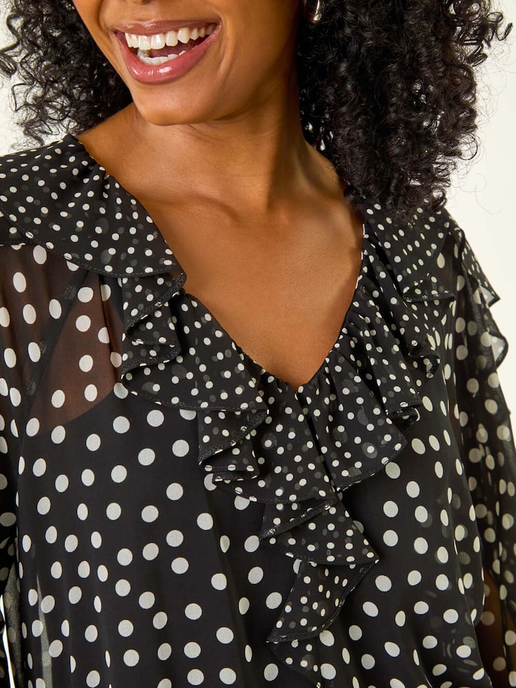Roman Black Petite Spot Print Frill Blouse - Image 5 of 5 Roman Black Petite Spot Print Frill Blouse - Image 5 of 5